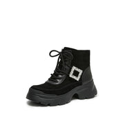 Black Suede Lace-Up Chunky Boots with Crystal Buckle