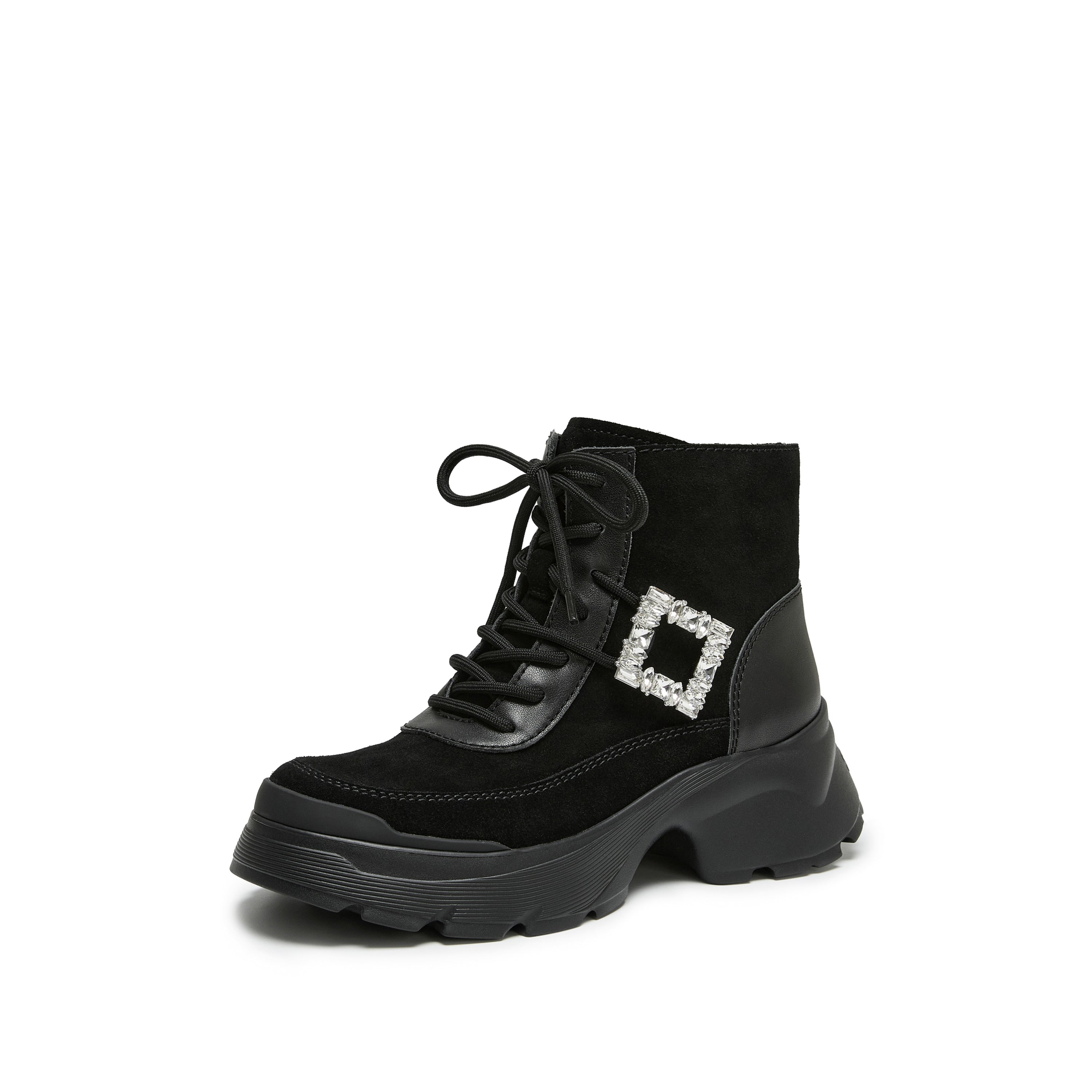 Black Suede Lace-Up Chunky Boots with Crystal Buckle