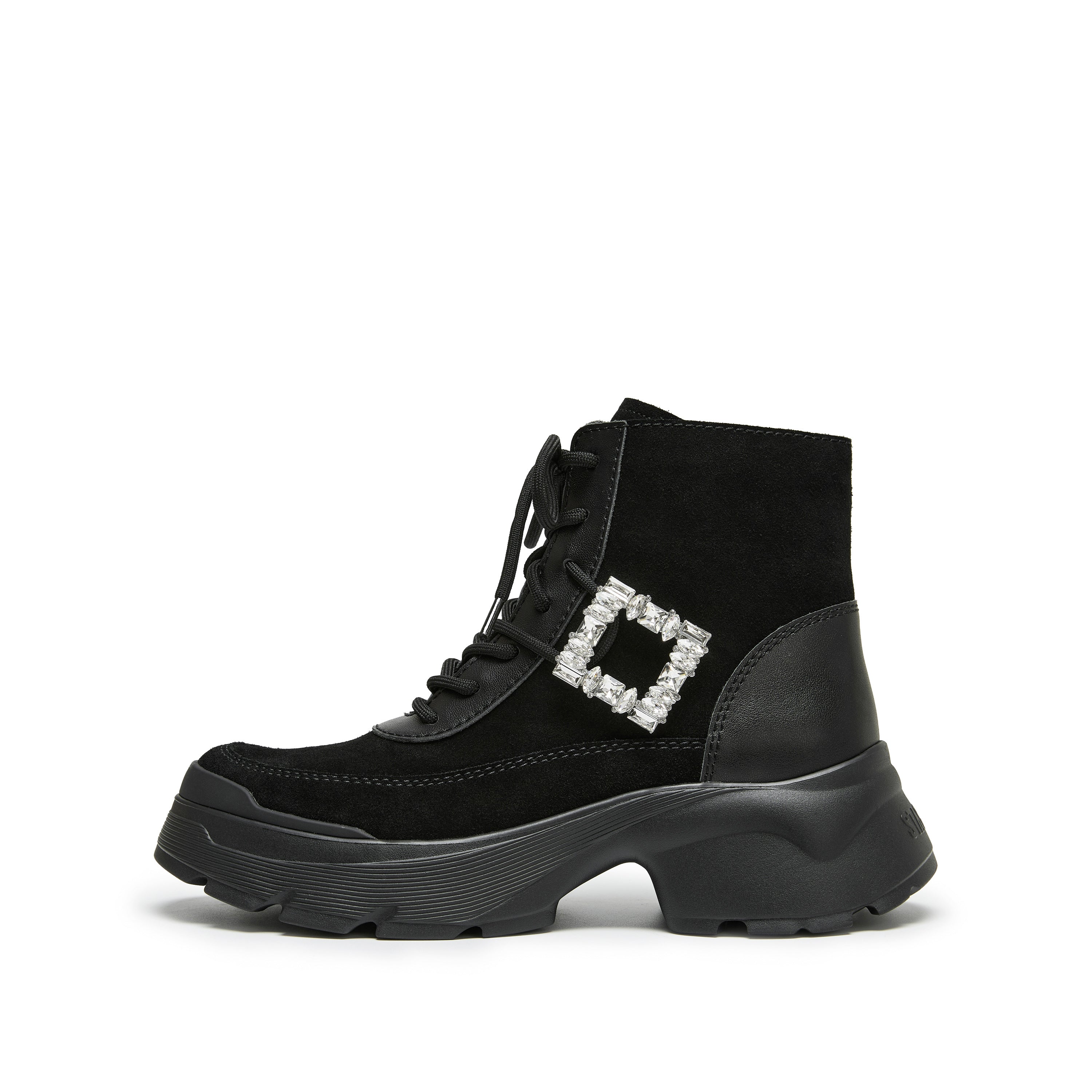 Black Suede Lace-Up Chunky Boots with Crystal Buckle