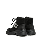 Black Suede Lace-Up Chunky Boots with Crystal Buckle