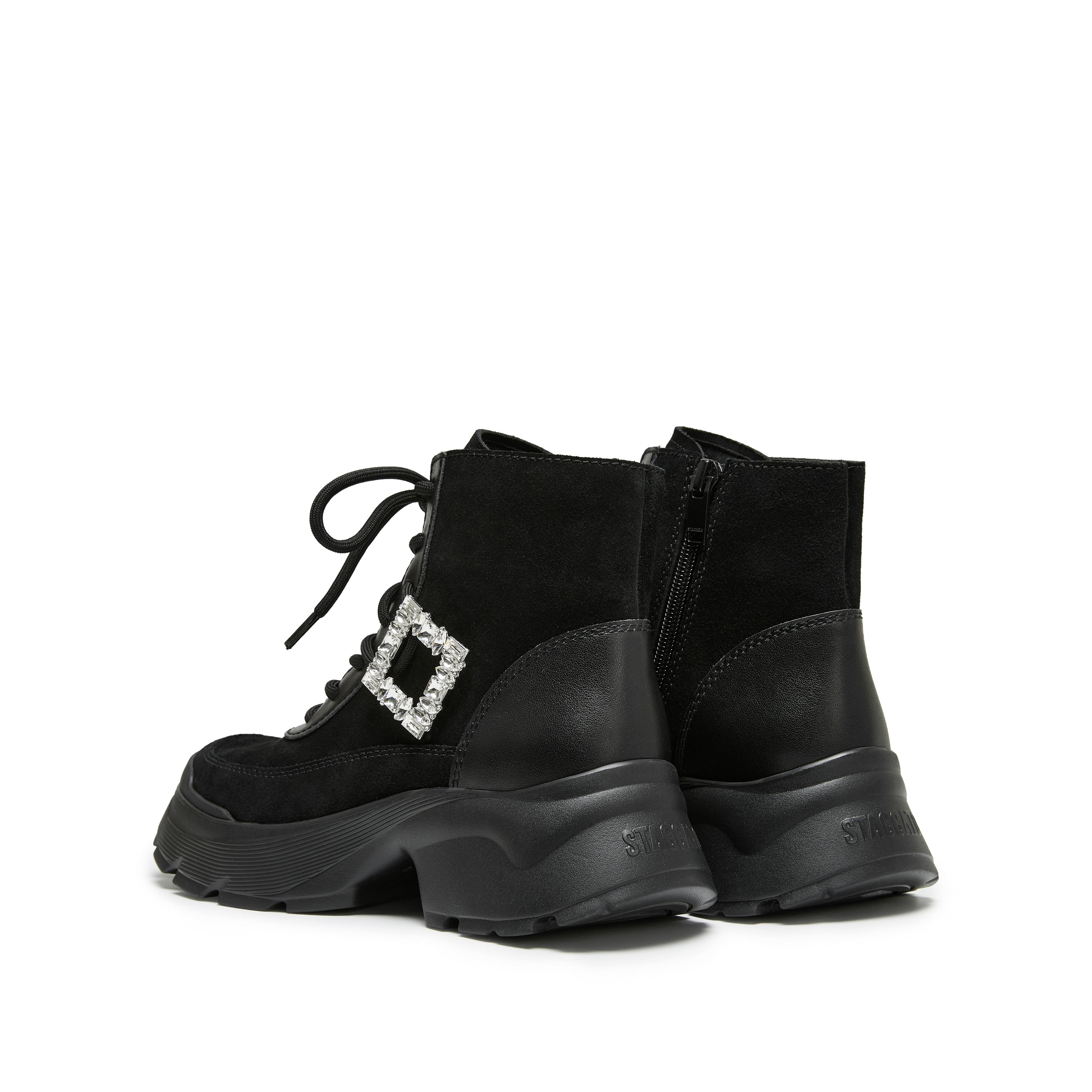 Black Suede Lace-Up Chunky Boots with Crystal Buckle