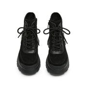 Black Suede Lace-Up Chunky Boots with Crystal Buckle