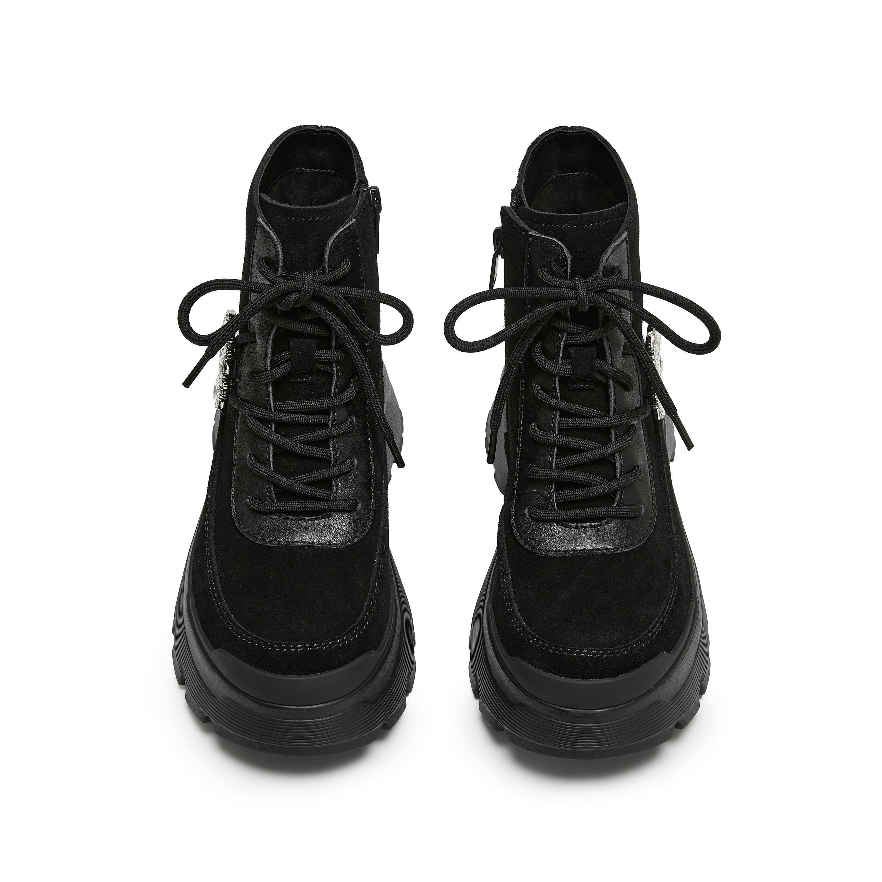 Black Suede Lace-Up Chunky Boots with Crystal Buckle