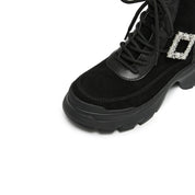 Black Suede Lace-Up Chunky Boots with Crystal Buckle