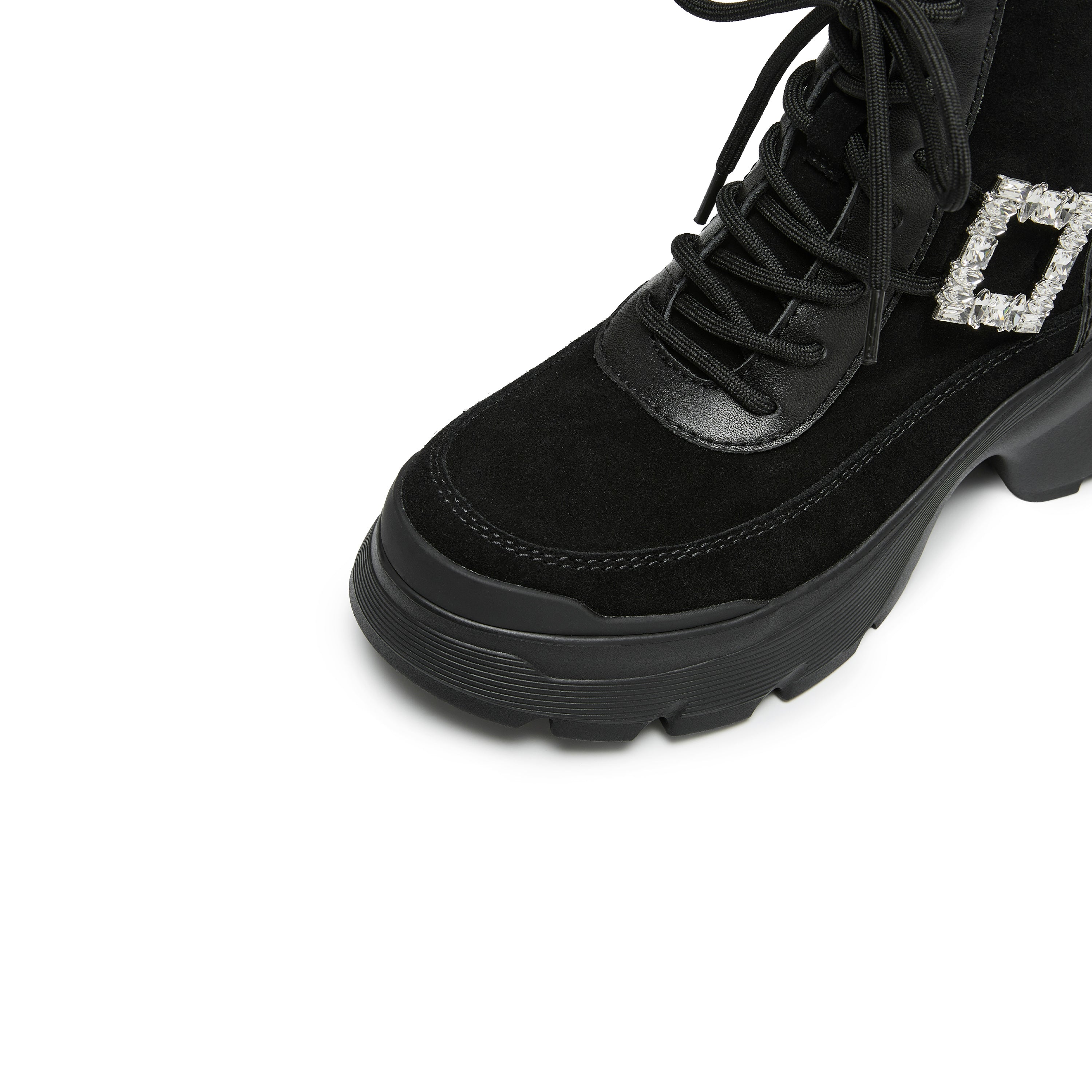 Black Suede Lace-Up Chunky Boots with Crystal Buckle
