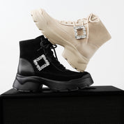 Black Suede Lace-Up Chunky Boots with Crystal Buckle