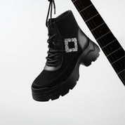 Black Suede Lace-Up Chunky Boots with Crystal Buckle