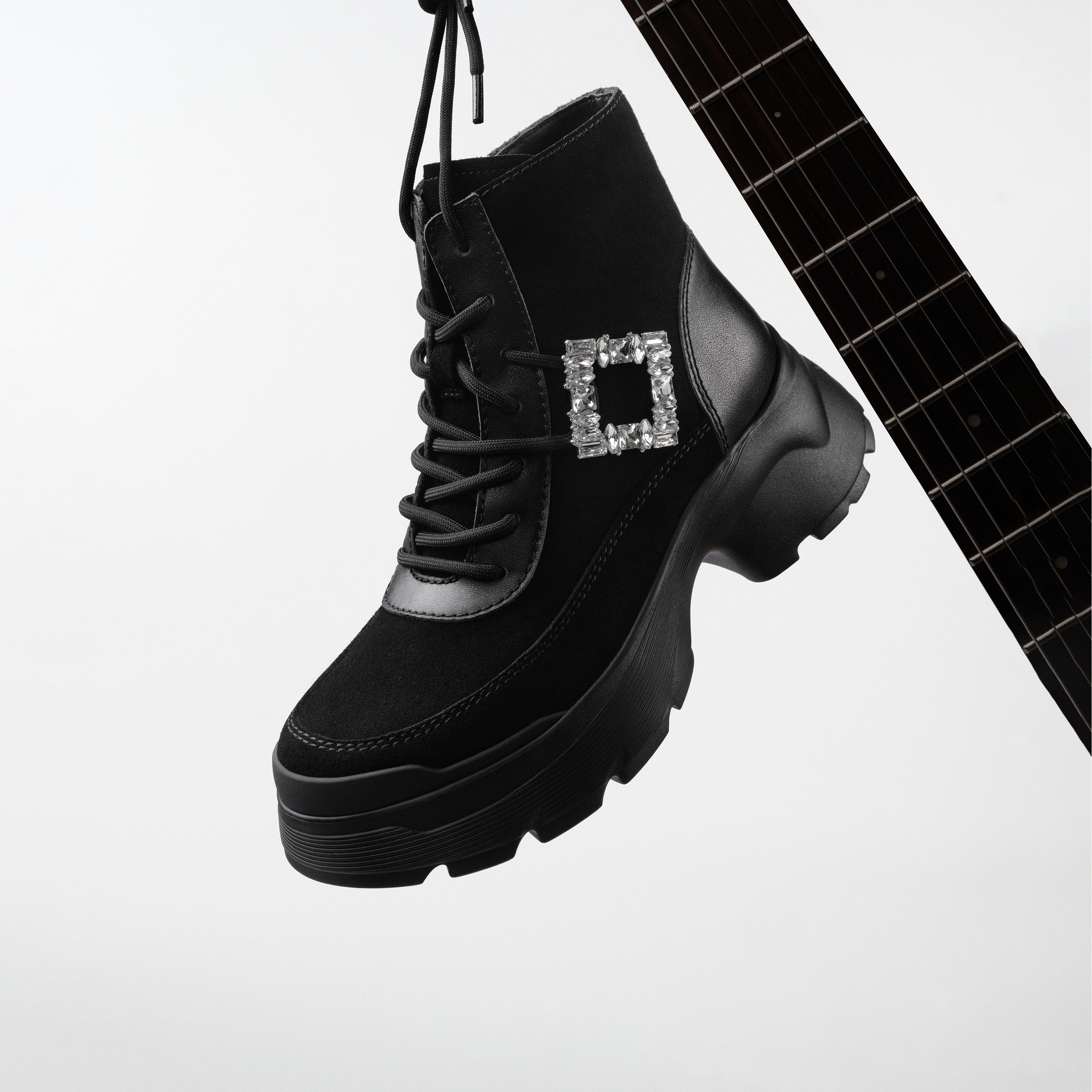 Black Suede Lace-Up Chunky Boots with Crystal Buckle
