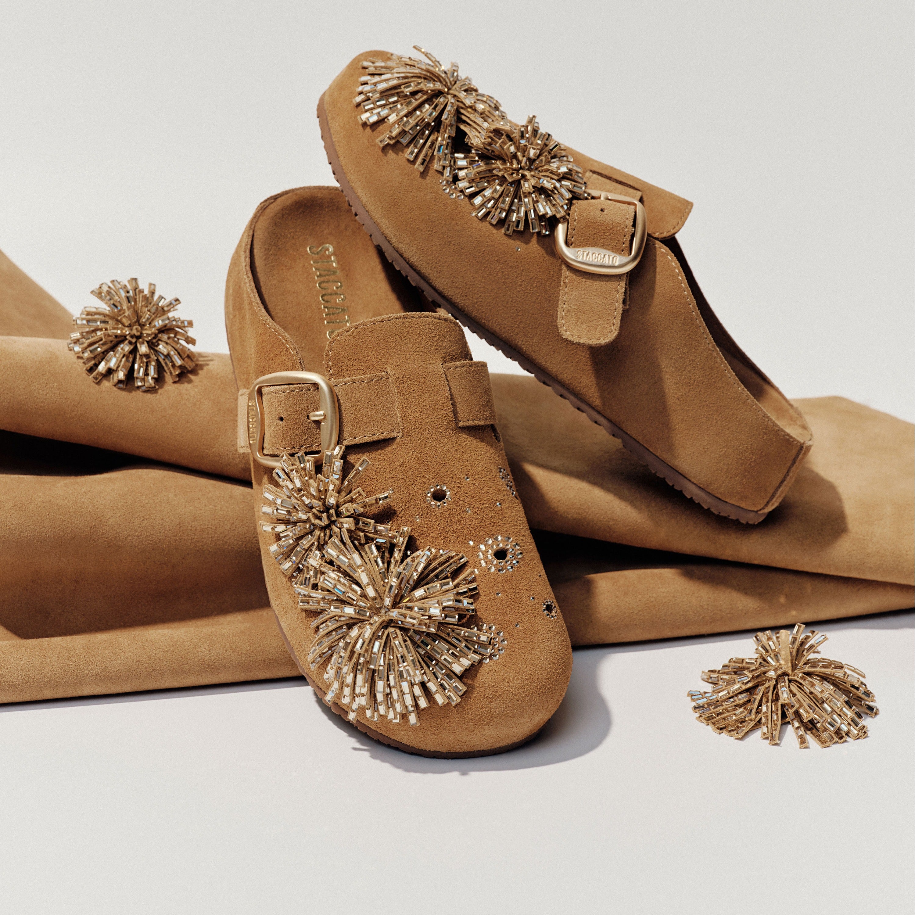Camel Crystal Fireworks Block Toe Sandals