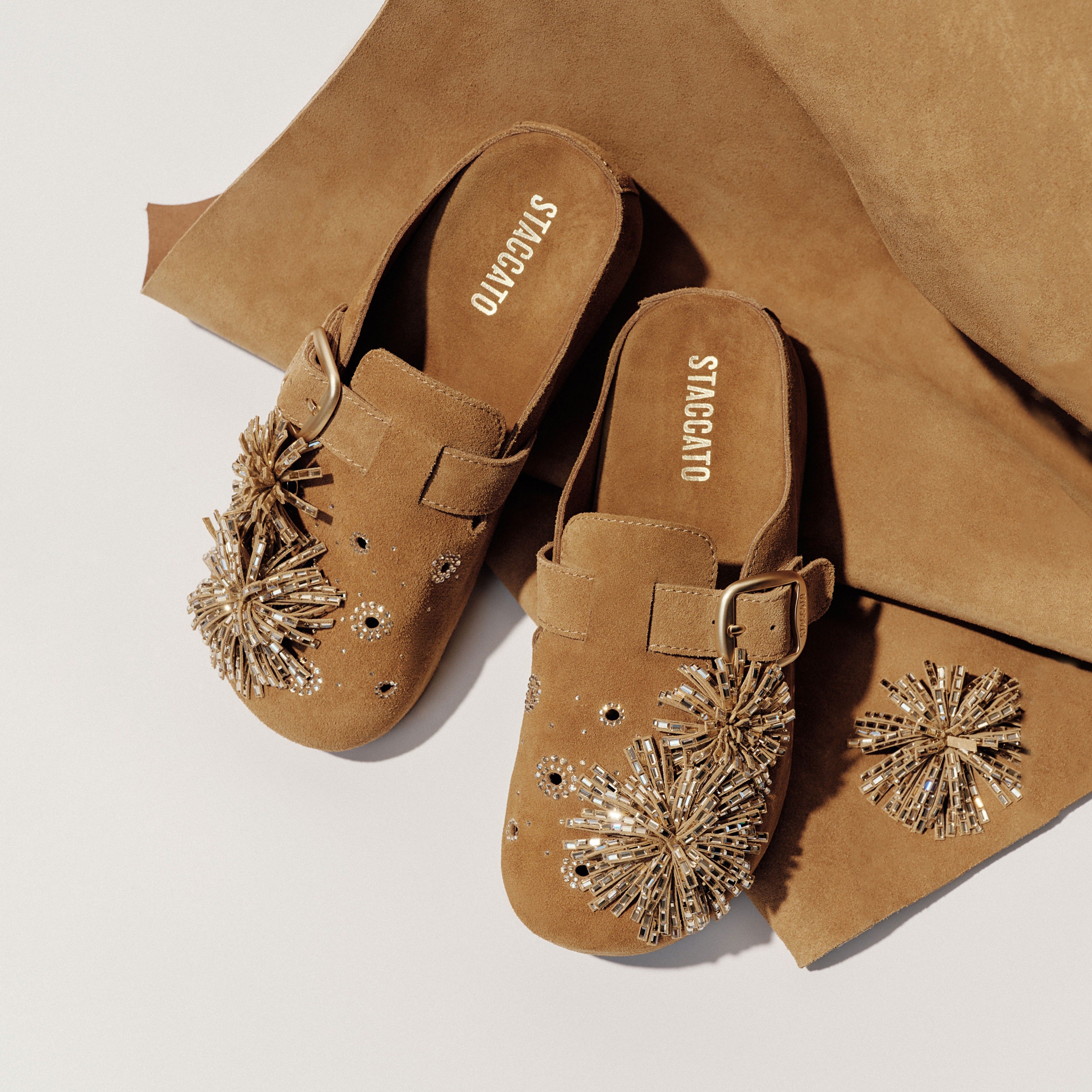 Camel Crystal Fireworks Block Toe Sandals