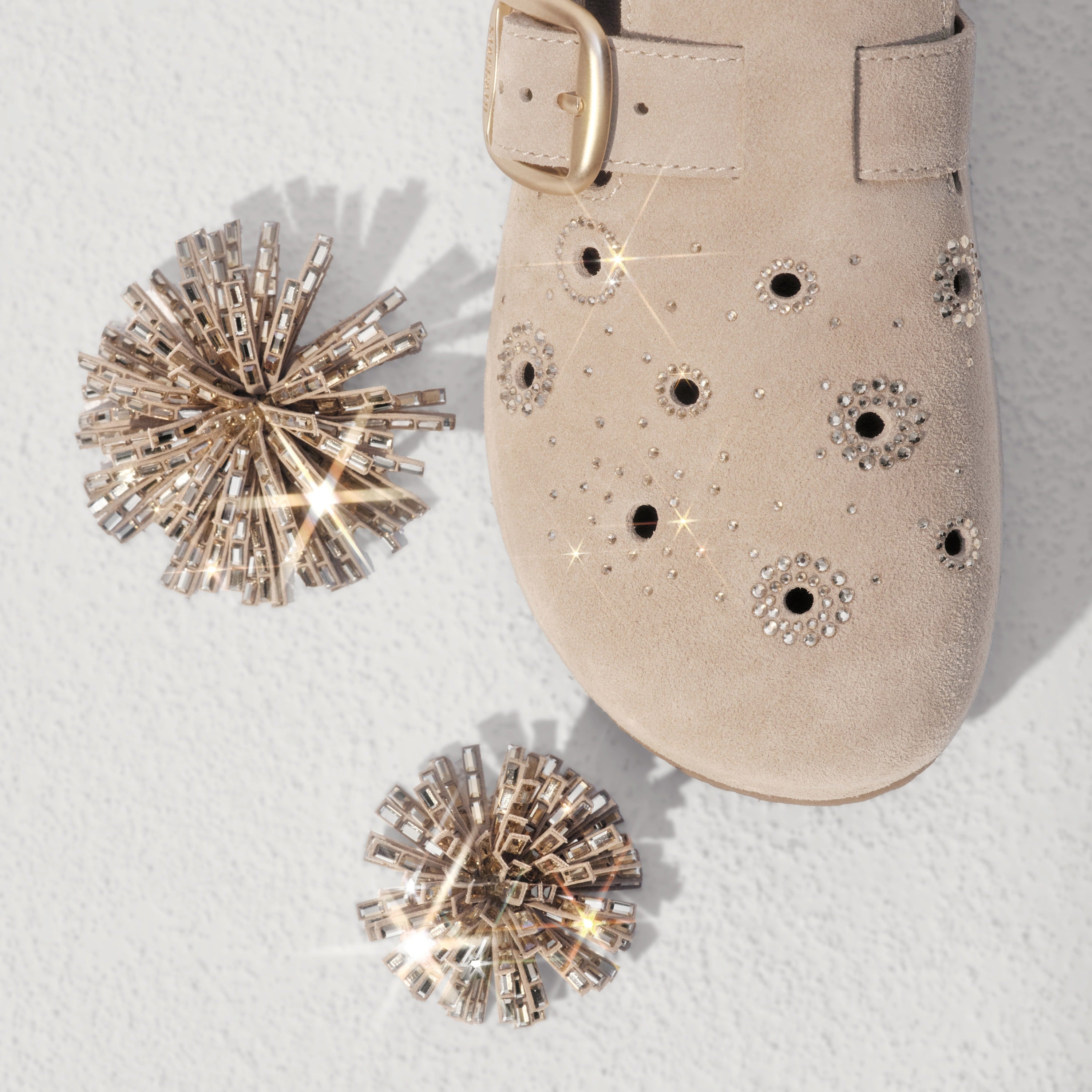 Beige Crystal Fireworks Strap Shoes