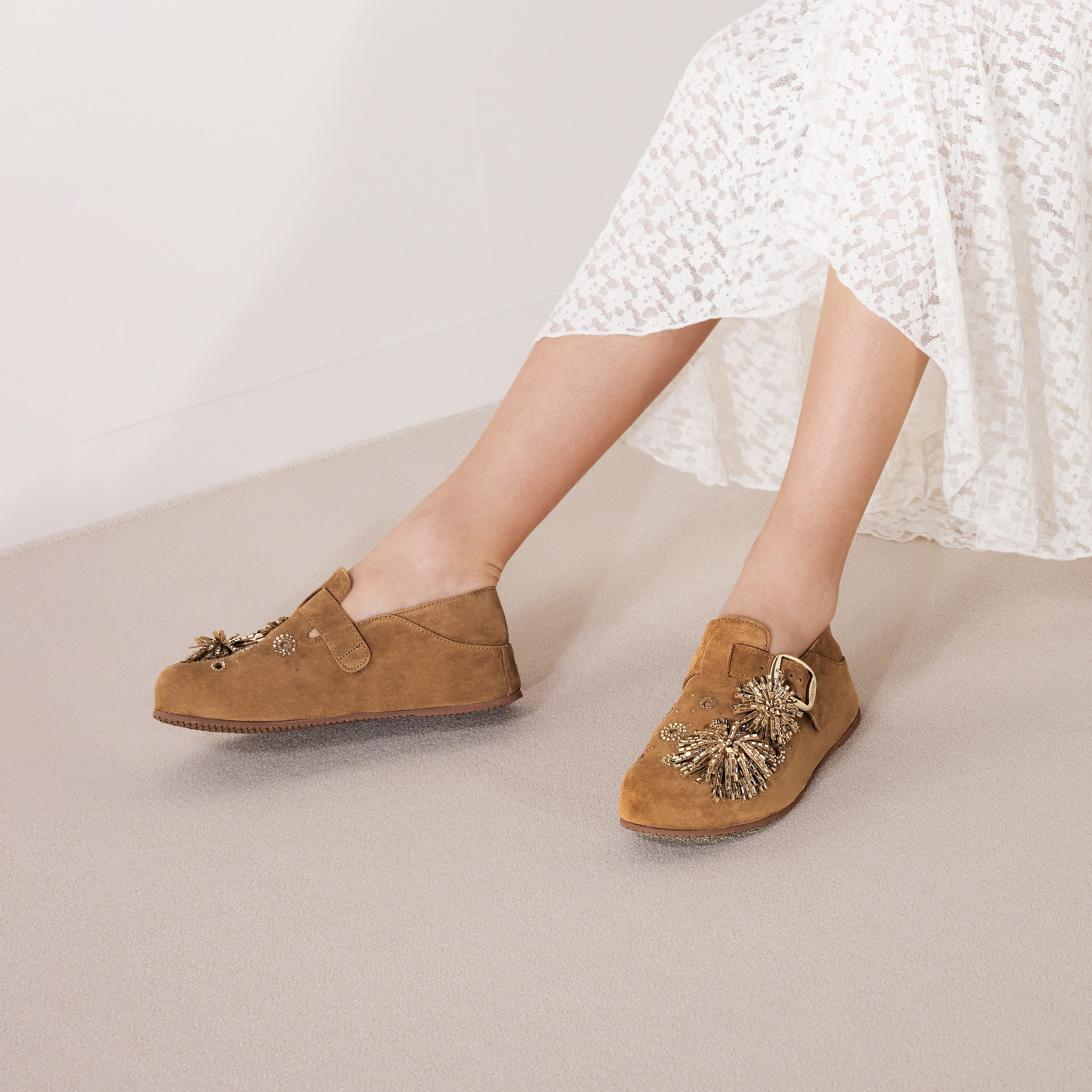 Brown Crystal Fireworks Strap Shoes