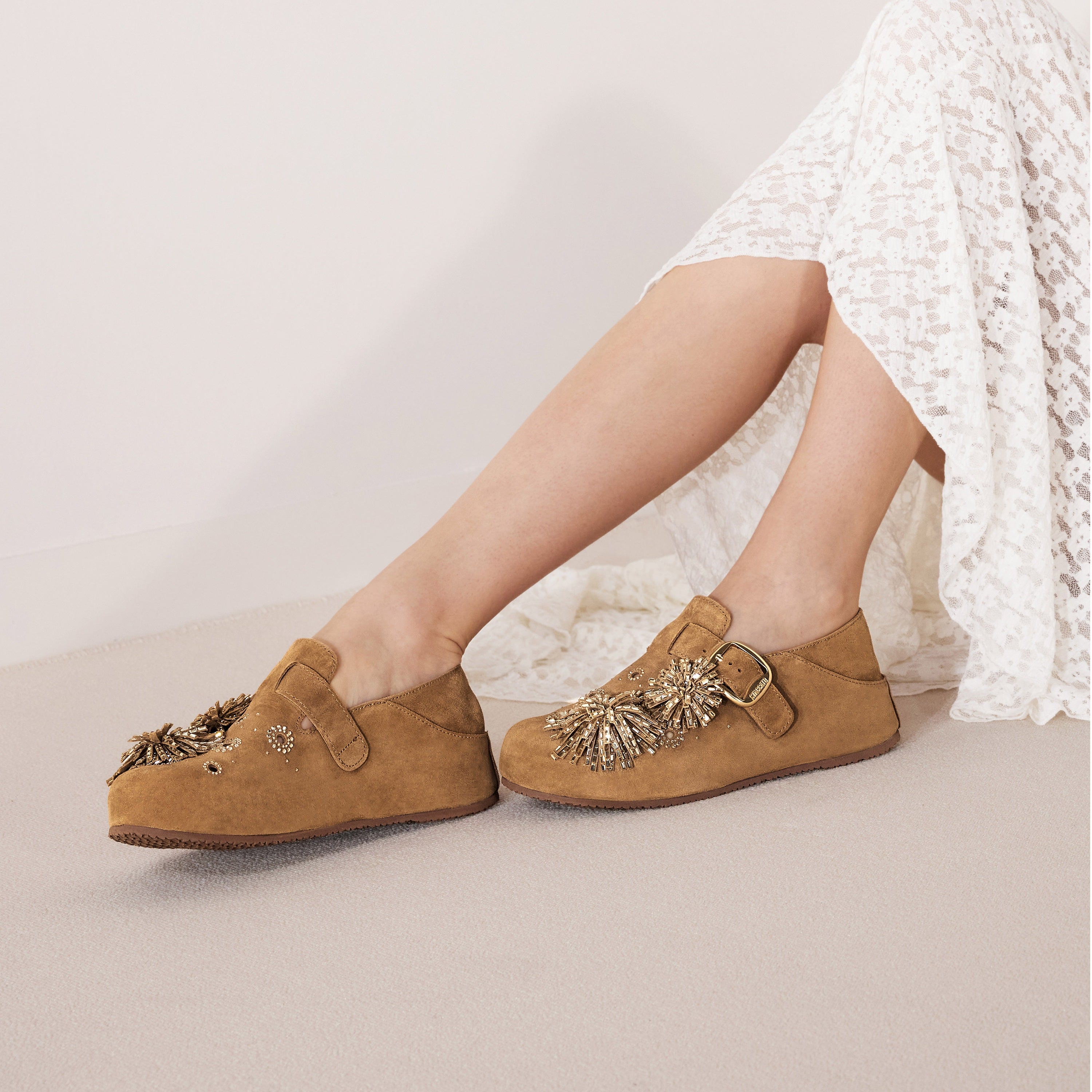 Brown Crystal Fireworks Strap Shoes