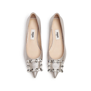 Crystal Buckle Light Gold Shiny Fabric Flats