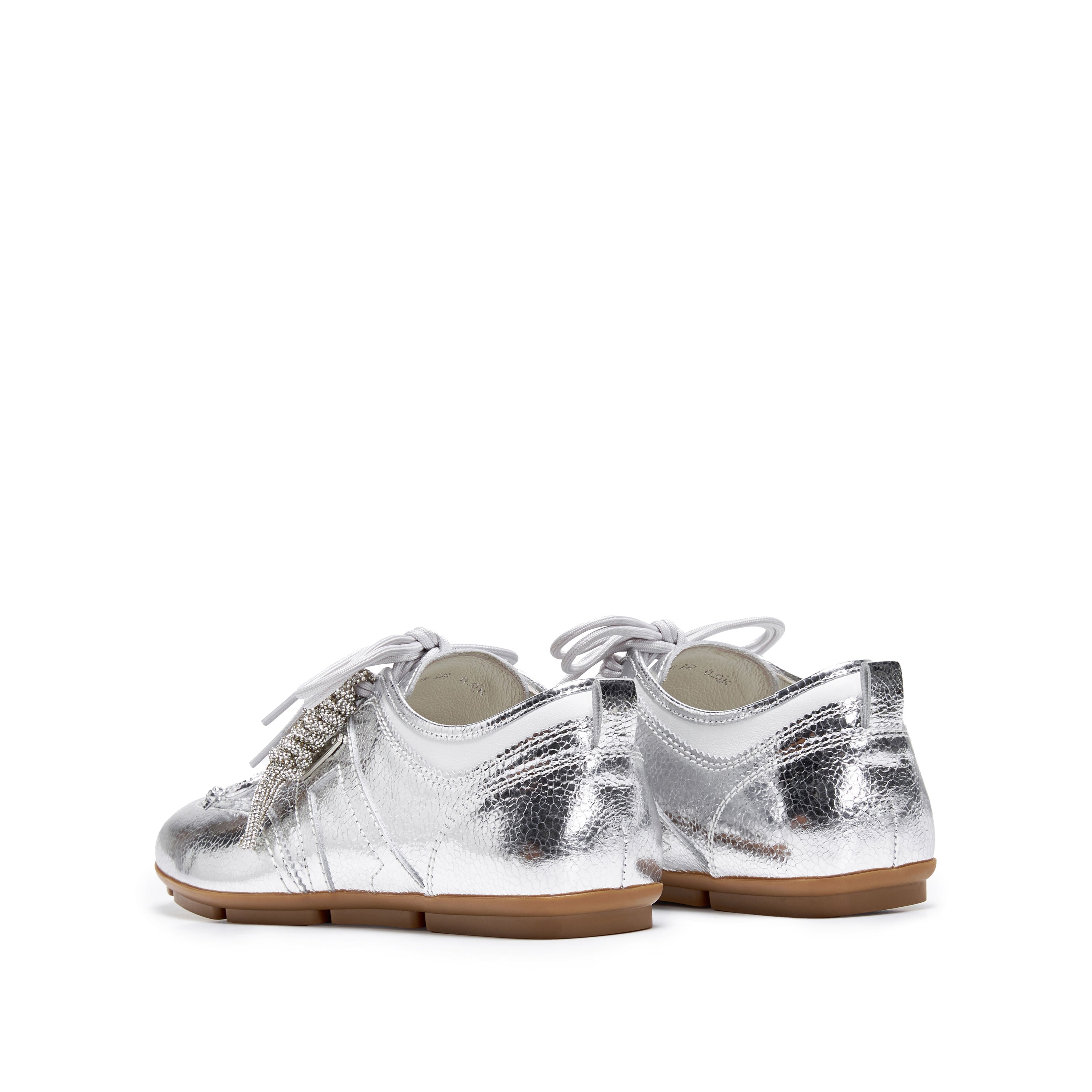 Metallic Coated Leather Ribbon Flat Sneakers