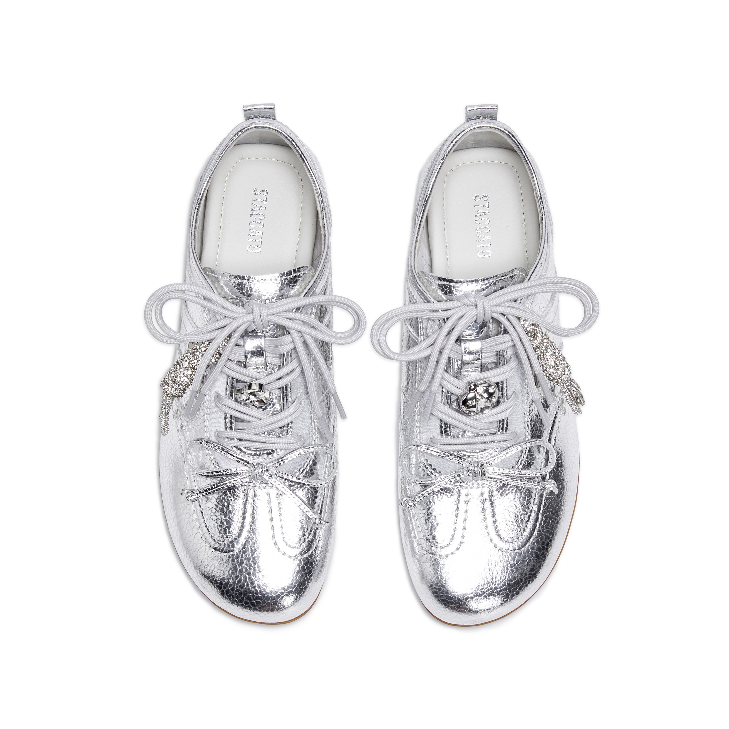 Metallic Coated Leather Ribbon Flat Sneakers