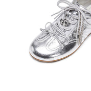 Metallic Coated Leather Ribbon Flat Sneakers