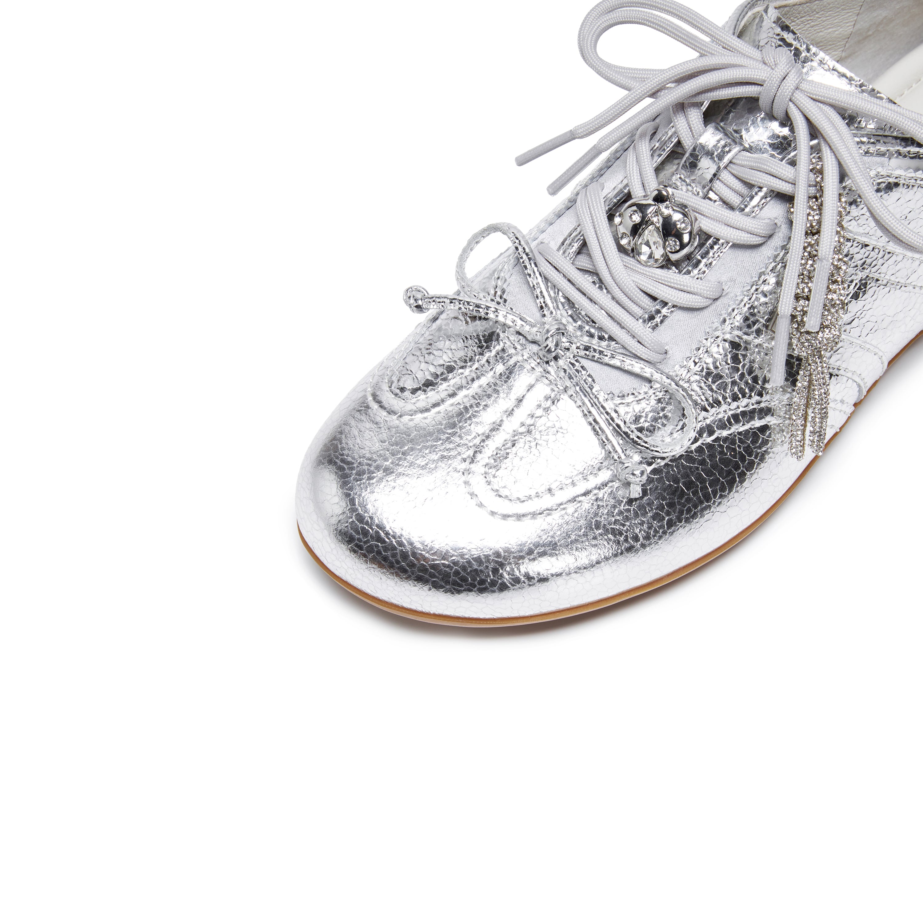 Metallic Coated Leather Ribbon Flat Sneakers