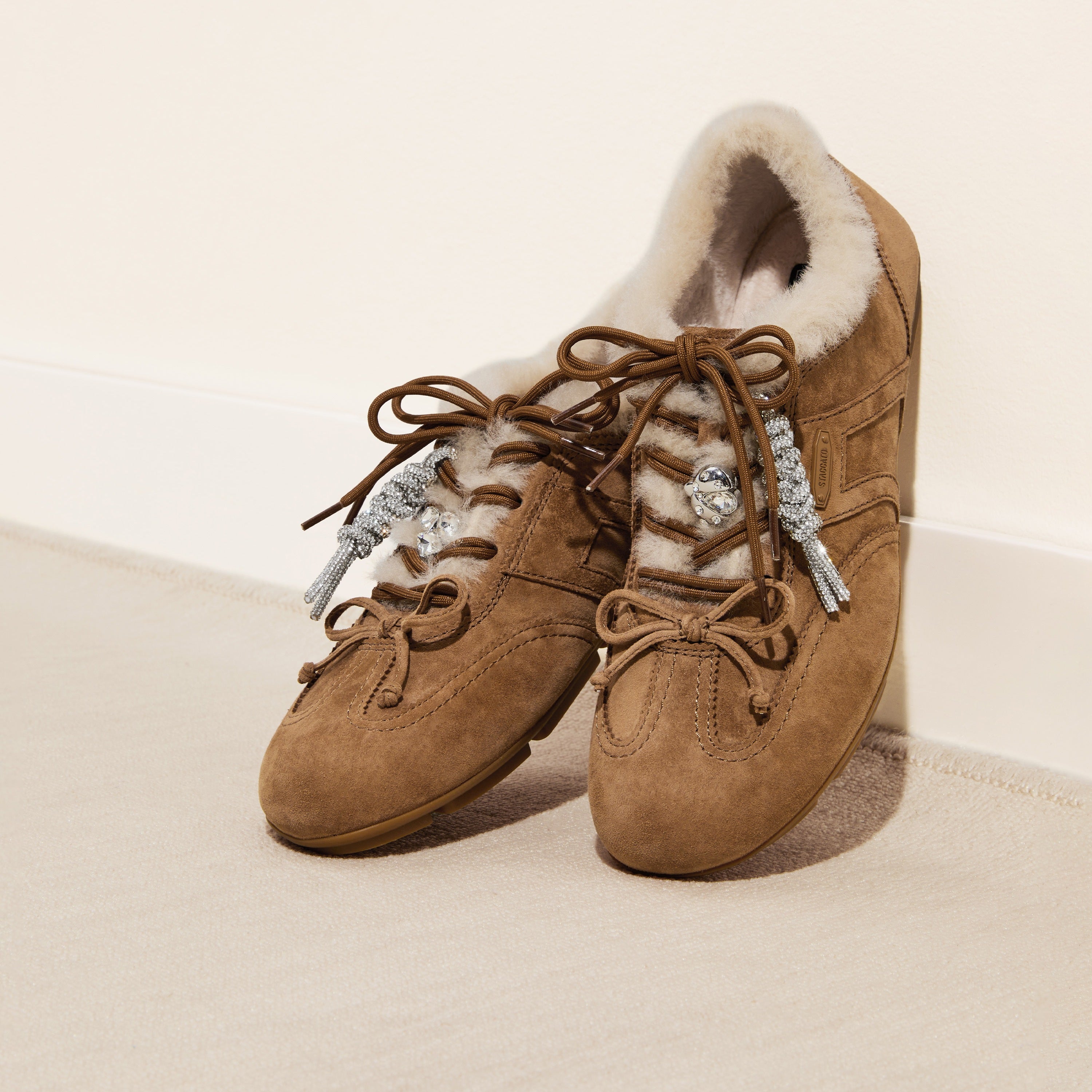 Metallic Coated Leather Ribbon Flat Sneakers