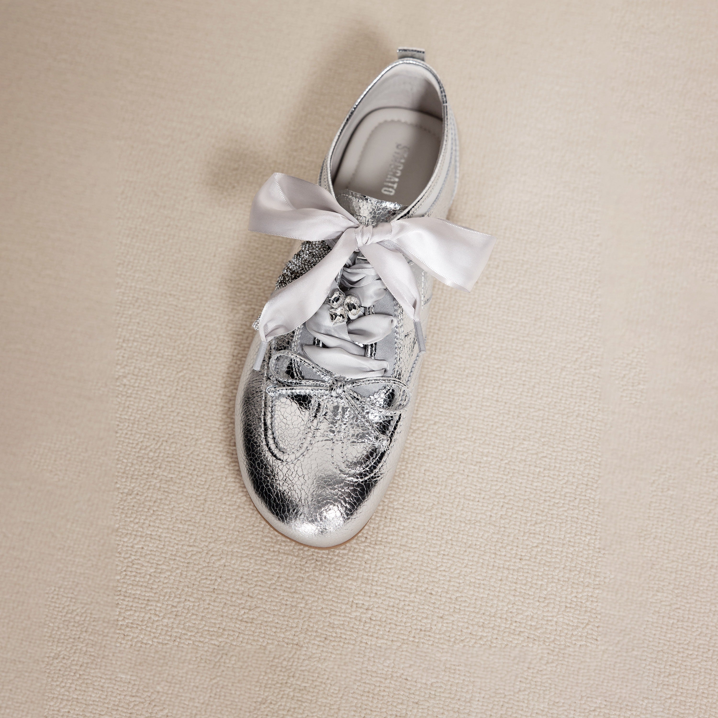 Metallic Coated Leather Ribbon Flat Sneakers
