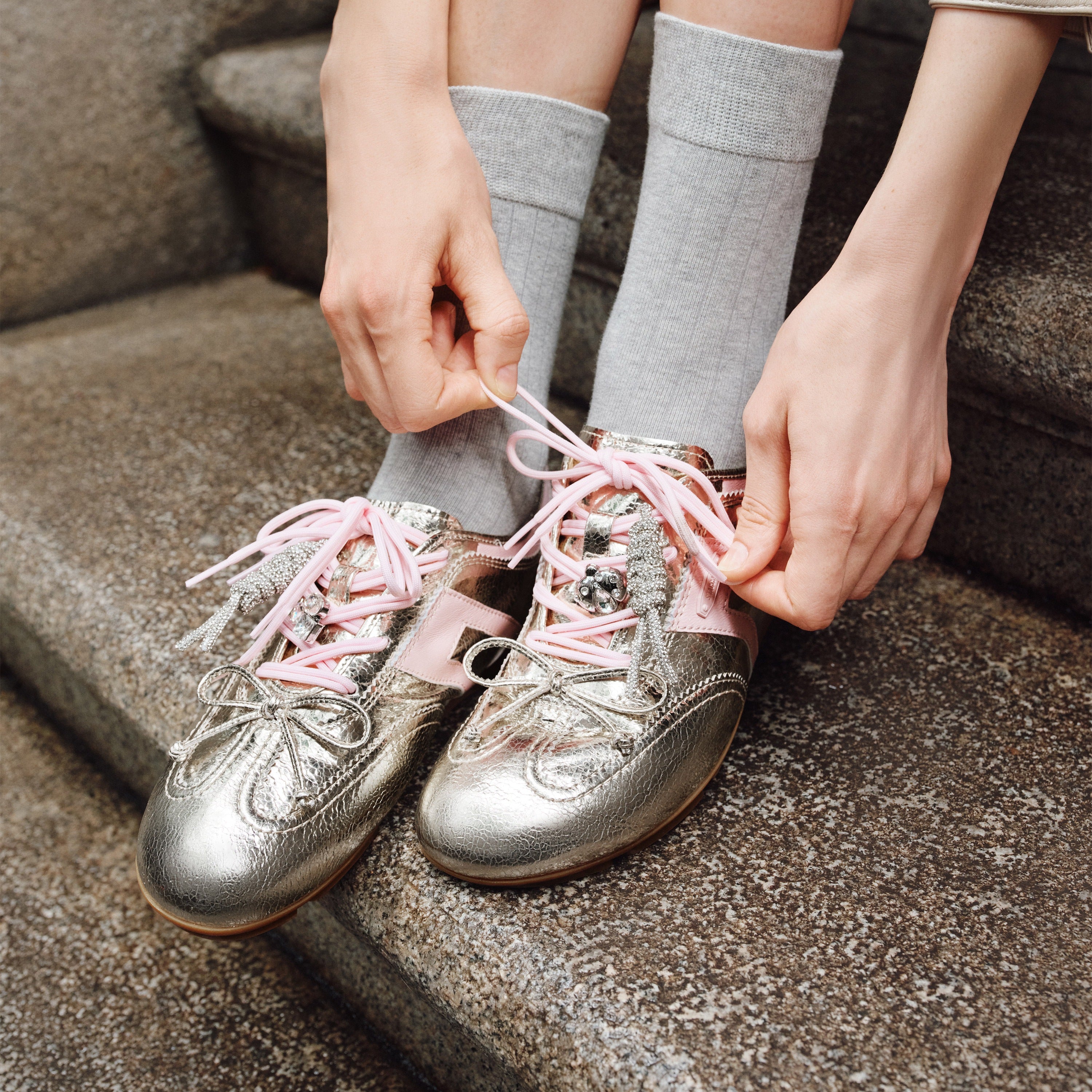 Metallic Coated Leather Ribbon Flat Sneakers