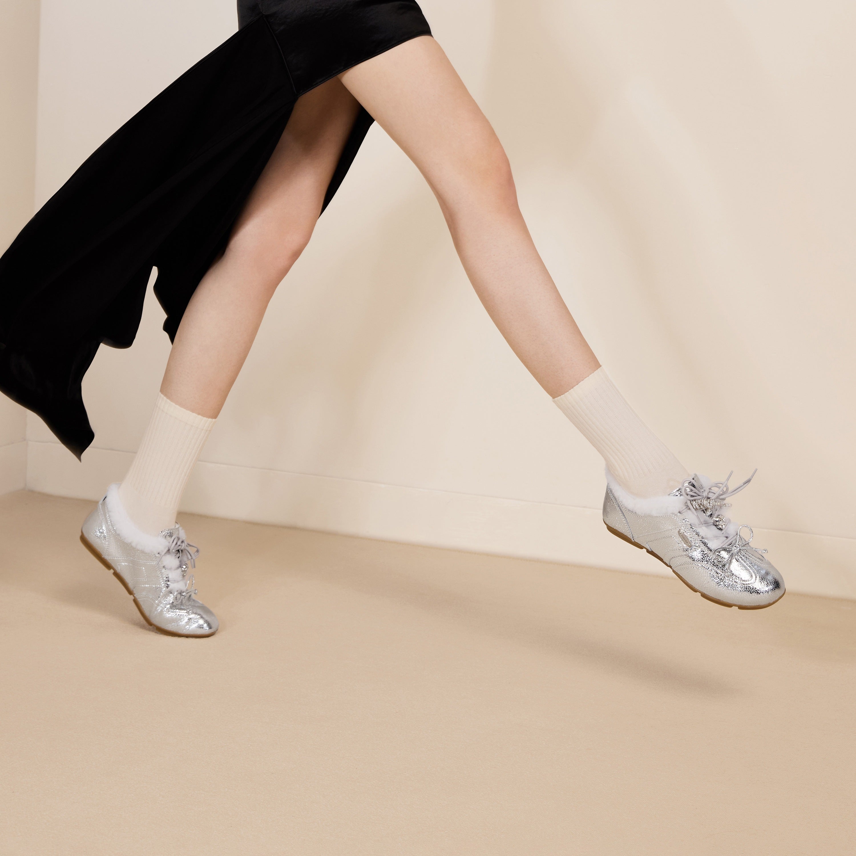 Metallic Coated Leather Ribbon Flat Sneakers