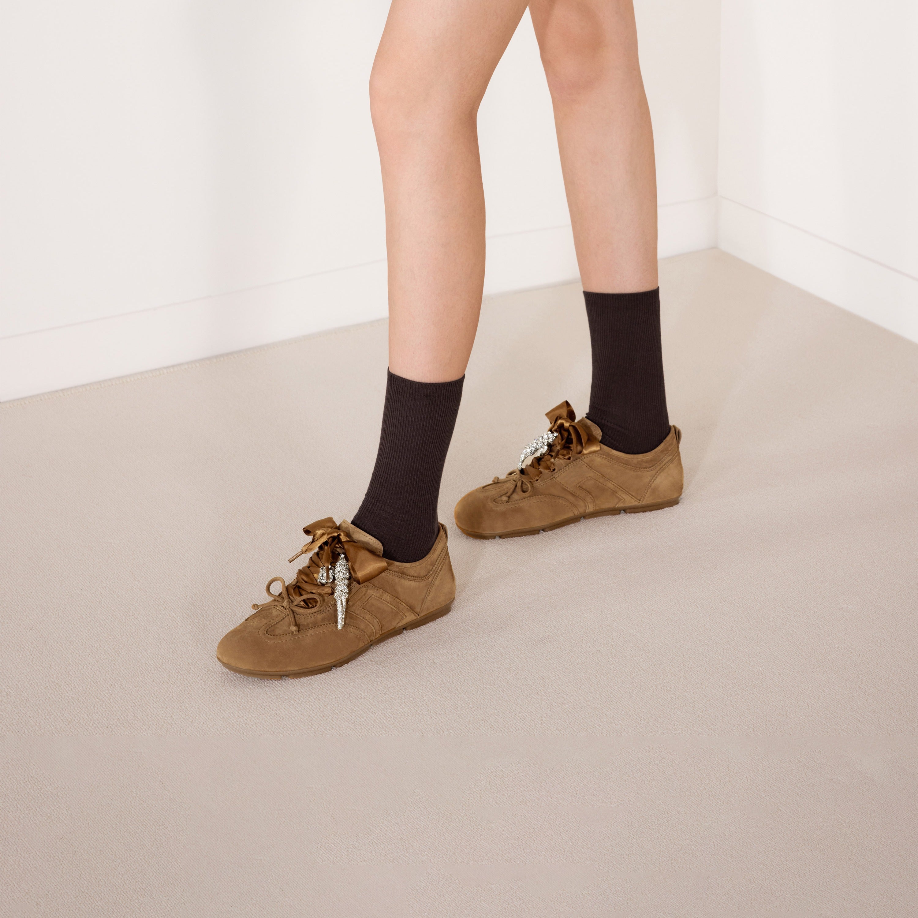 Metallic Coated Leather Ribbon Flat Sneakers