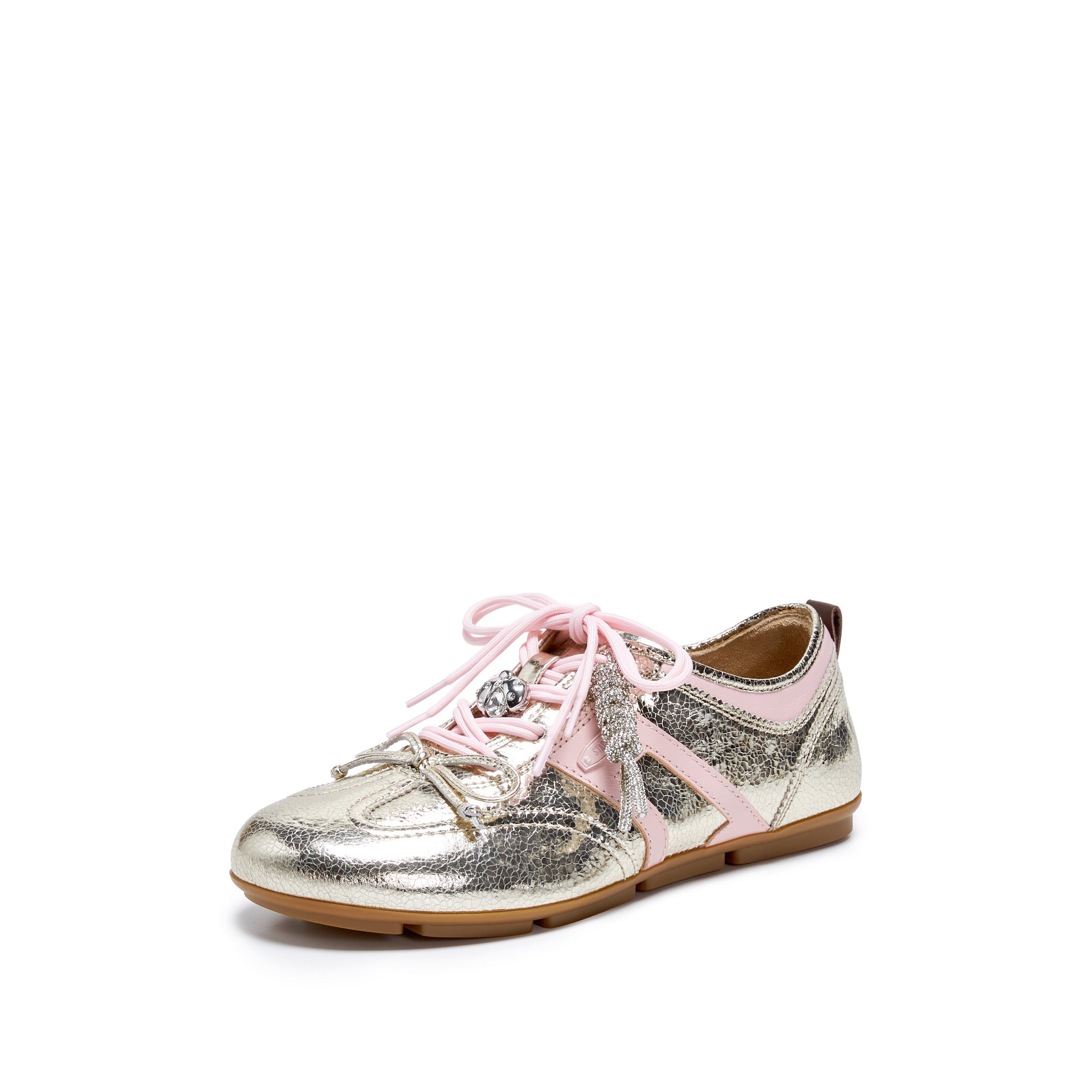 Metallic Coated Leather Ribbon Flat Sneakers