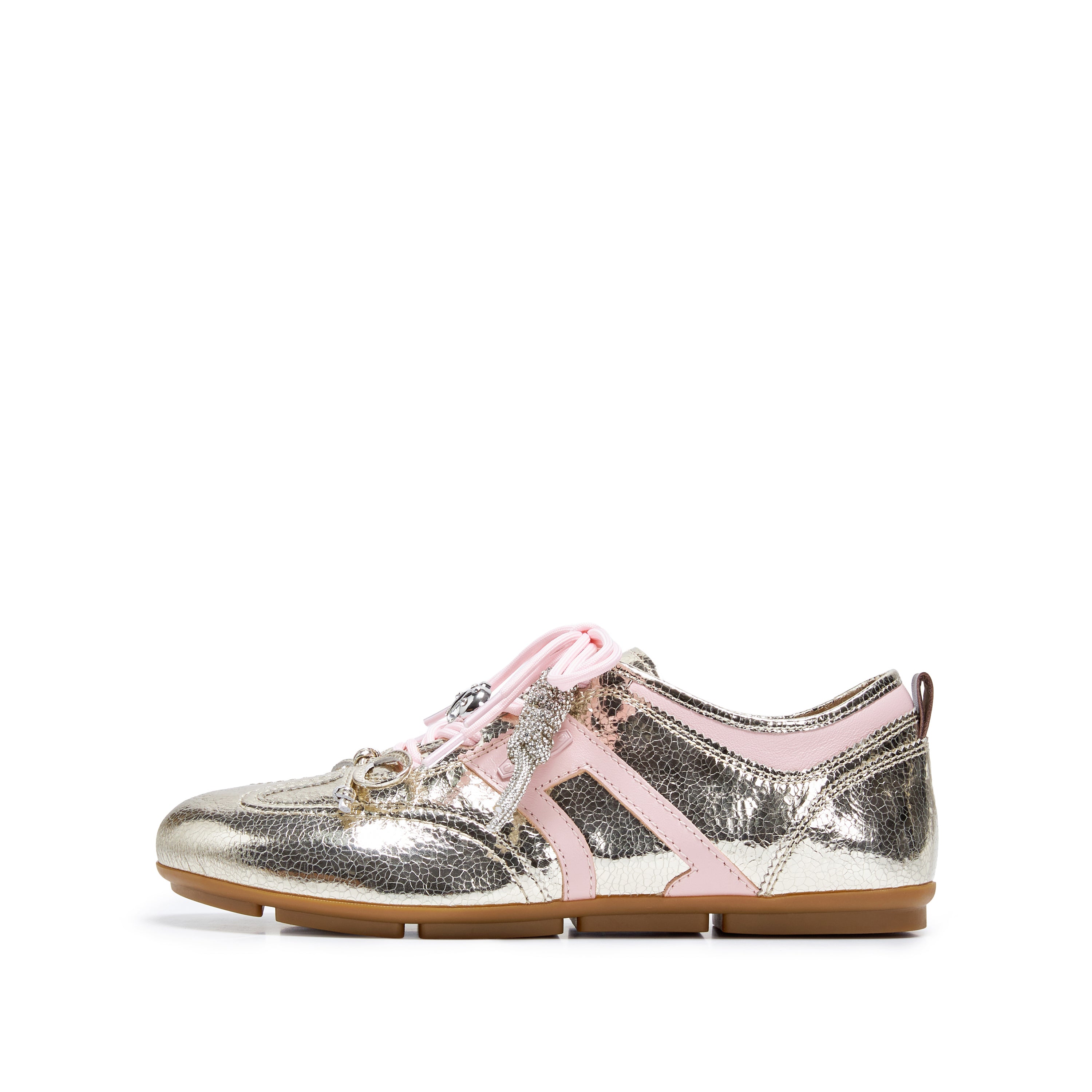 Metallic Coated Leather Ribbon Flat Sneakers