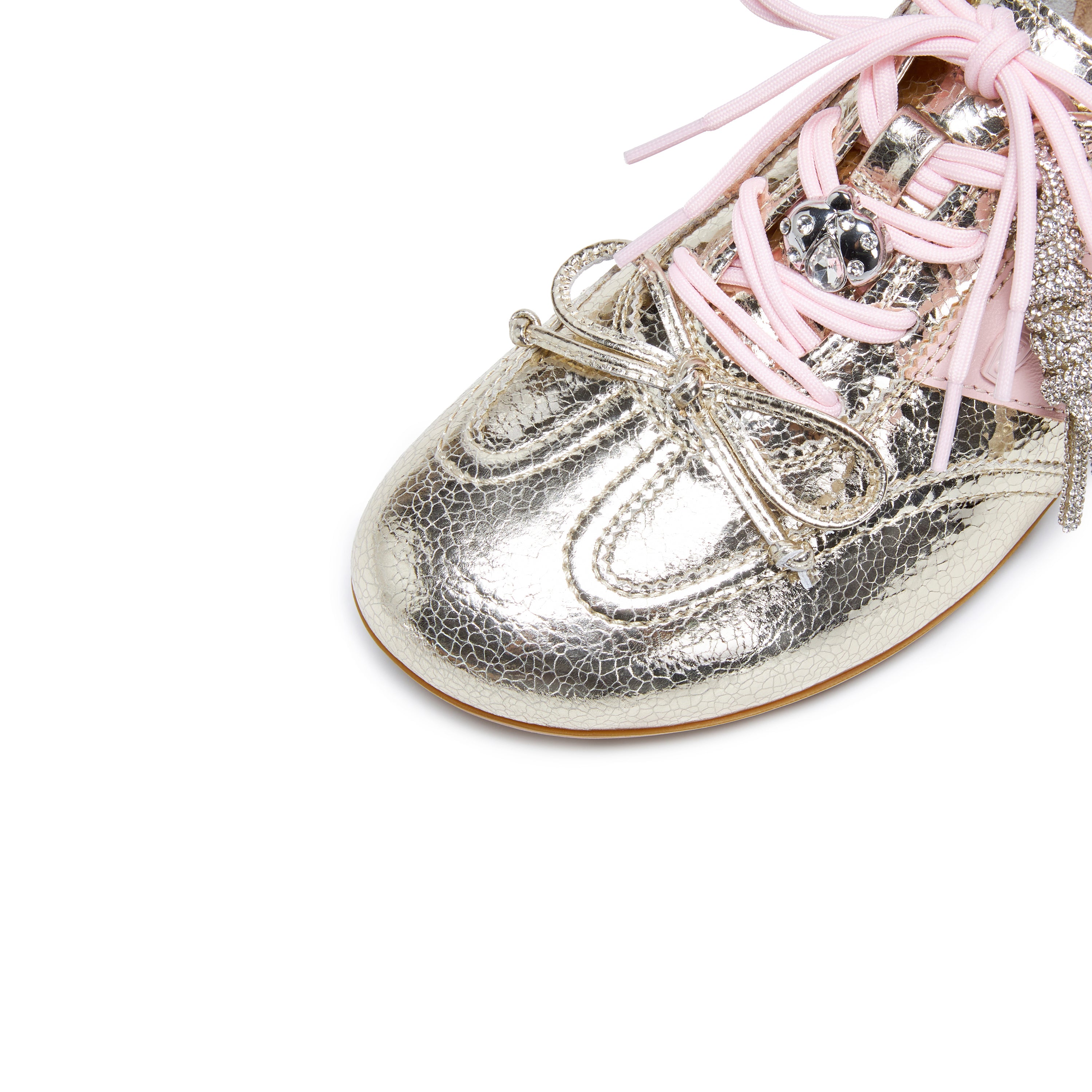 Metallic Coated Leather Ribbon Flat Sneakers