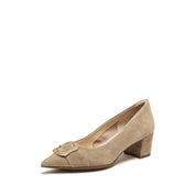Taupe Suede Golden Buckle Heeled Pumps