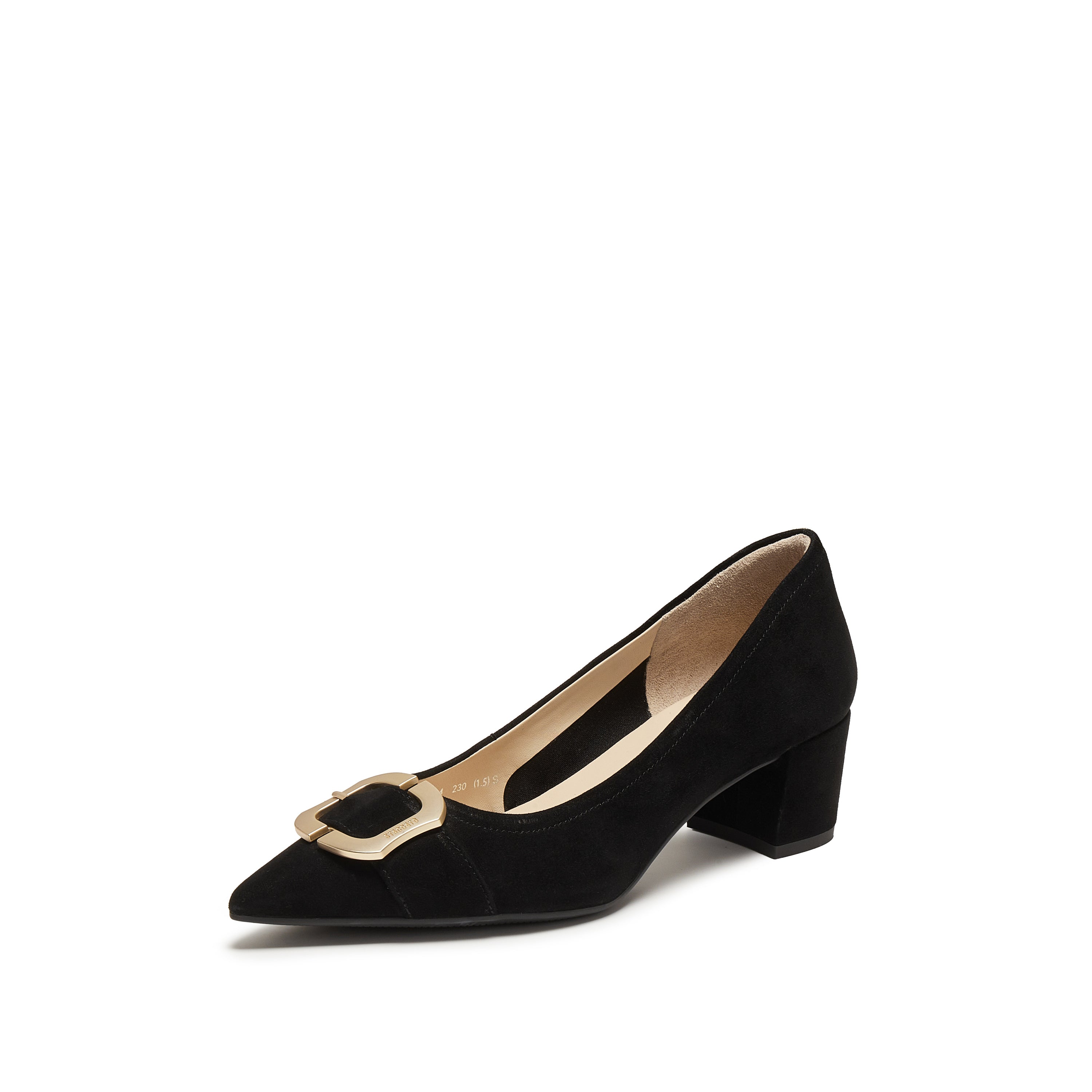 Black Suede Golden Buckle Heeled Pumps