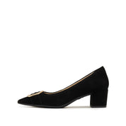Black Suede Golden Buckle Heeled Pumps