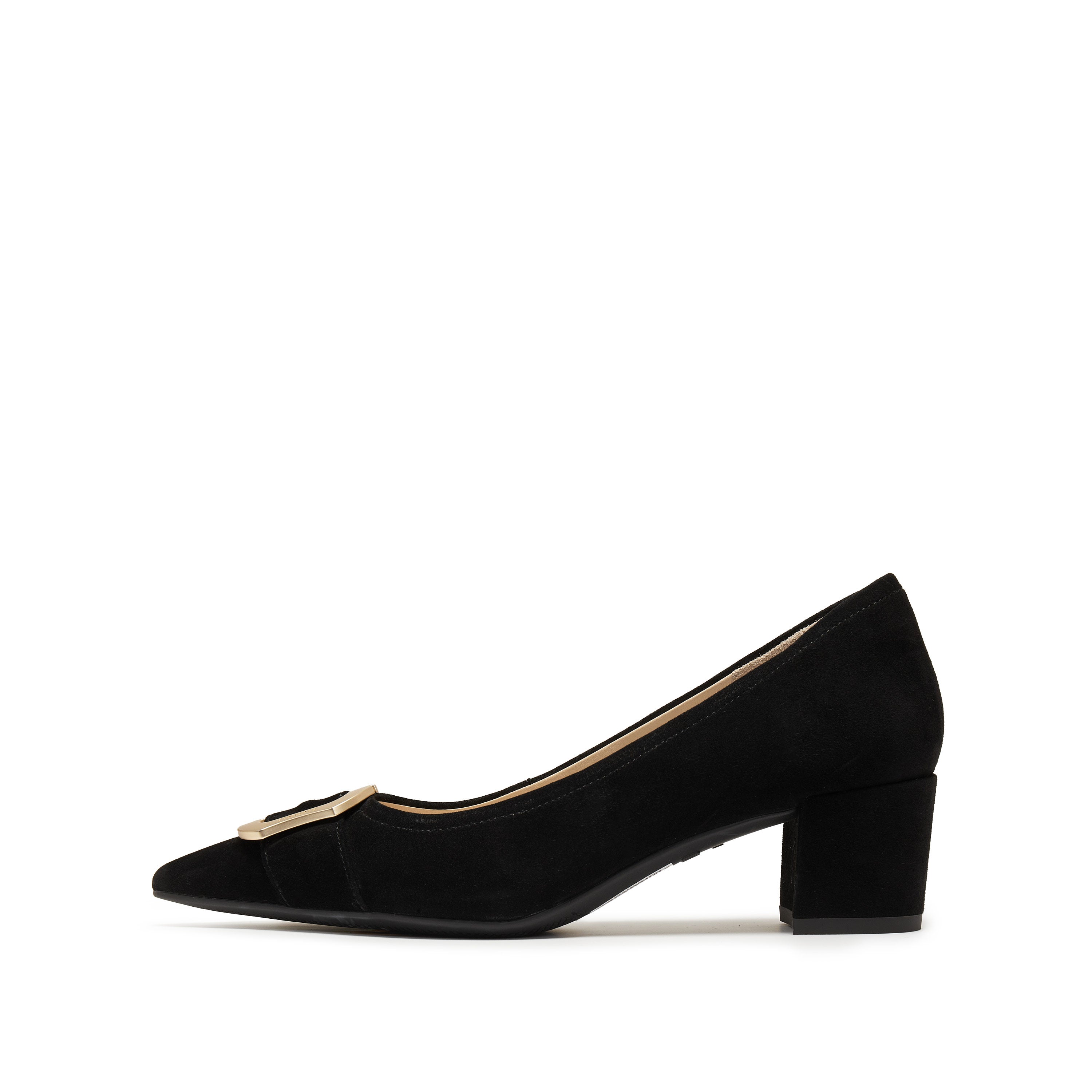 Black Suede Golden Buckle Heeled Pumps