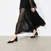 Black Suede Golden Buckle Heeled Pumps