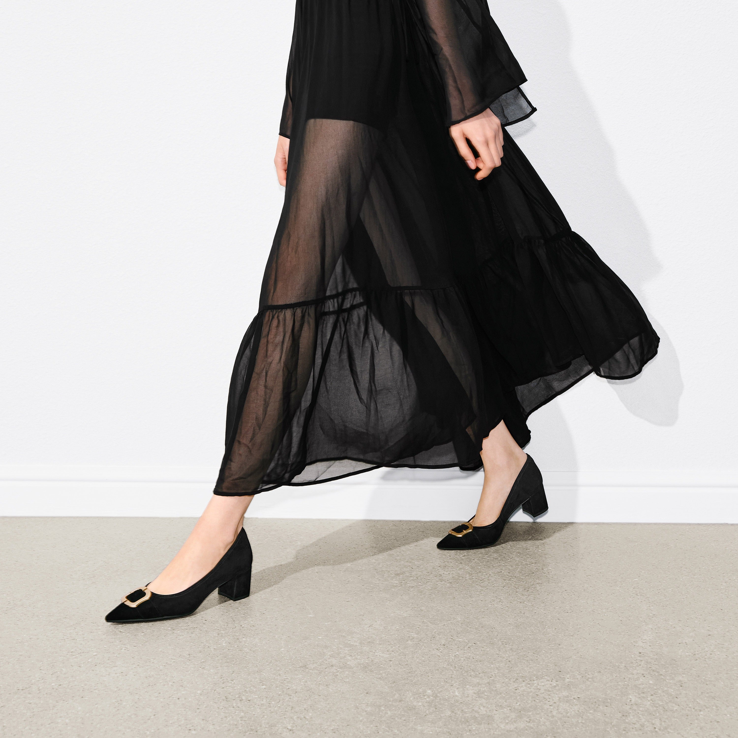 Black Suede Golden Buckle Heeled Pumps