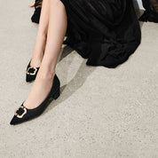 Black Suede Golden Buckle Heeled Pumps