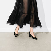 Black Suede Golden Buckle Heeled Pumps