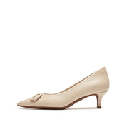 Nude Leather Bow Buckle Pointy Pumps