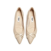 Nude Leather Bow Buckle Pointy Pumps
