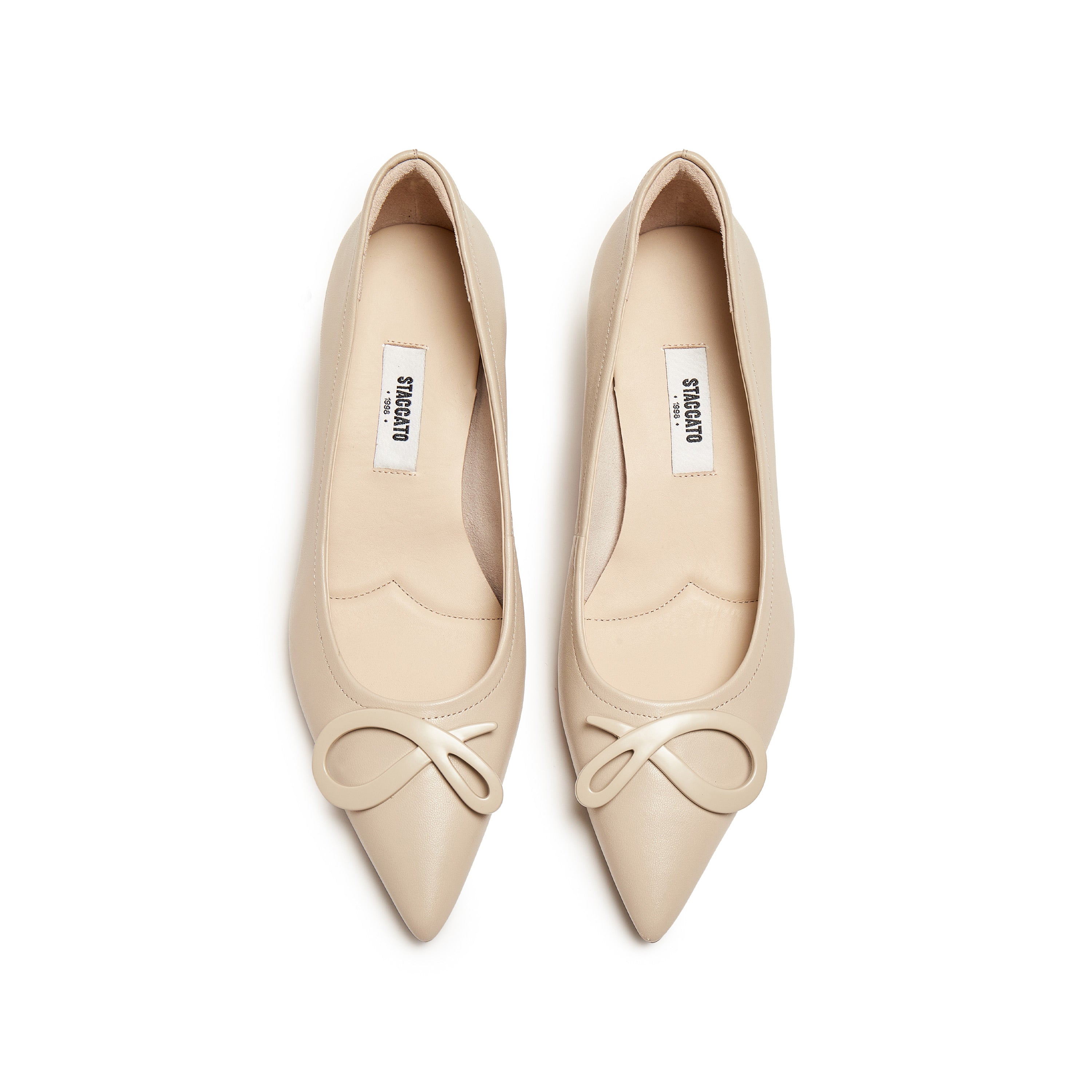 Nude Leather Bow Buckle Pointy Pumps