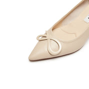 Nude Leather Bow Buckle Pointy Pumps