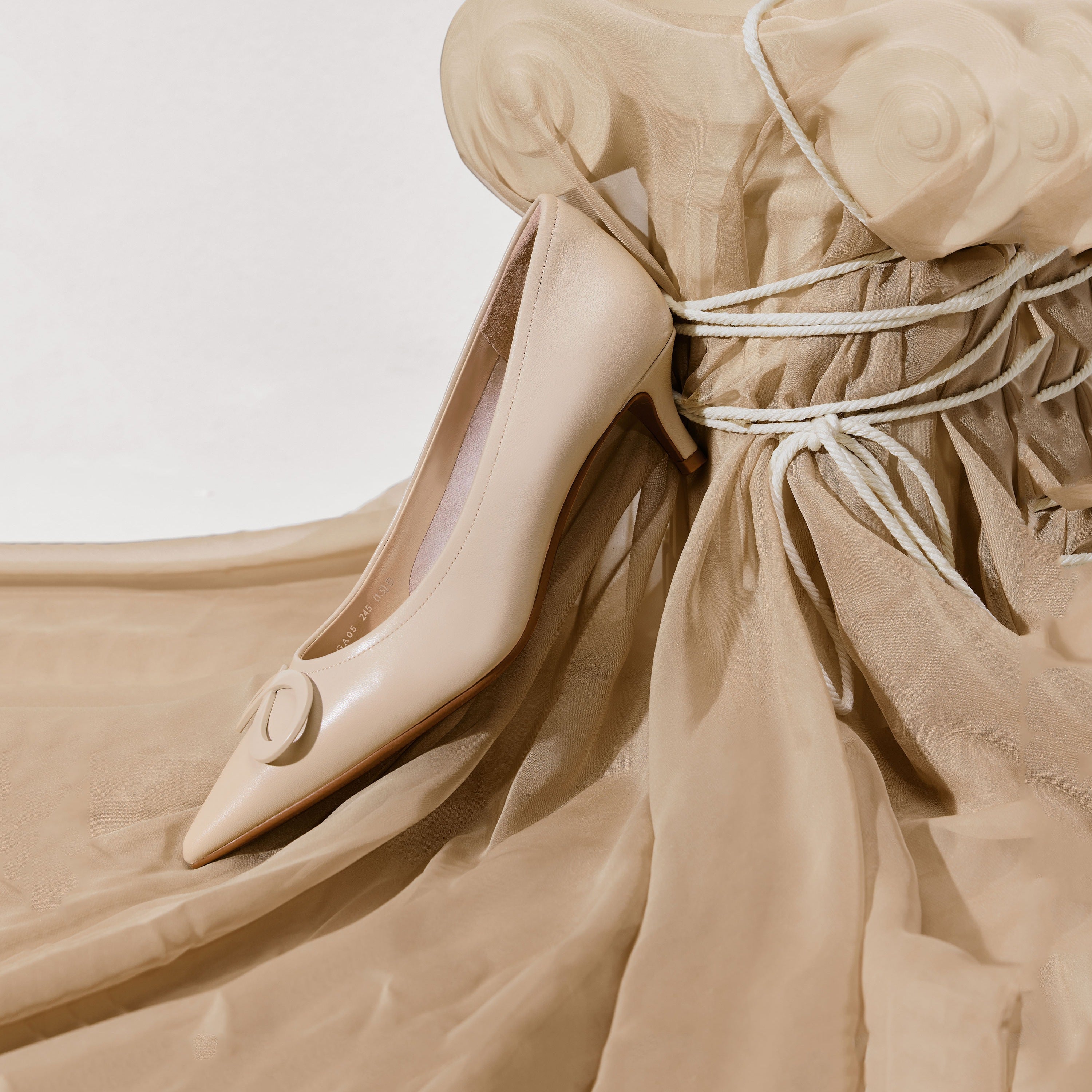 Nude Leather Bow Buckle Pointy Pumps