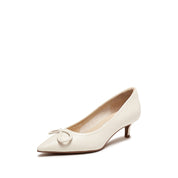 Beige Leather Bow Buckle Pointy Pumps