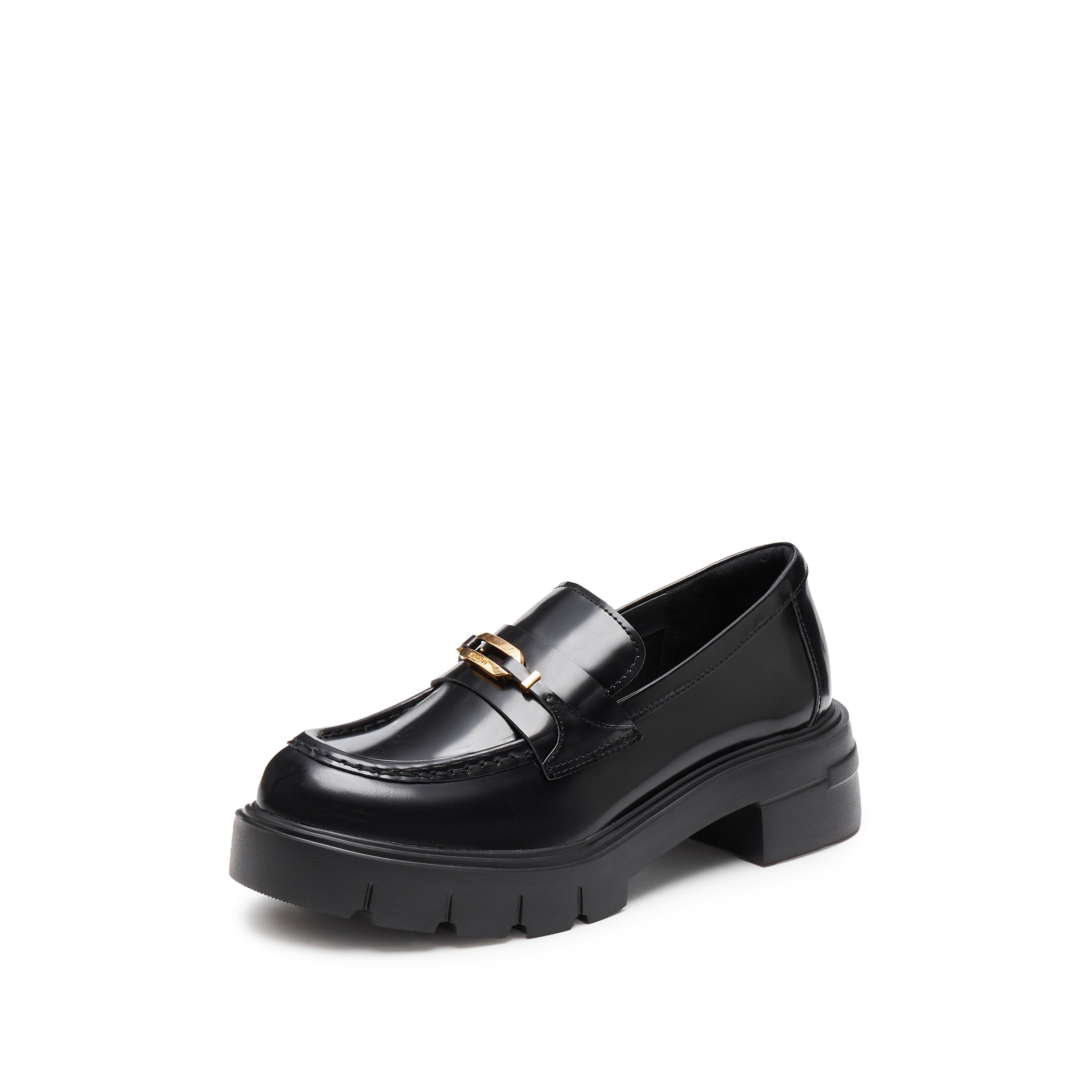 Black Signature Golden Ring Leaf Leather Loafers