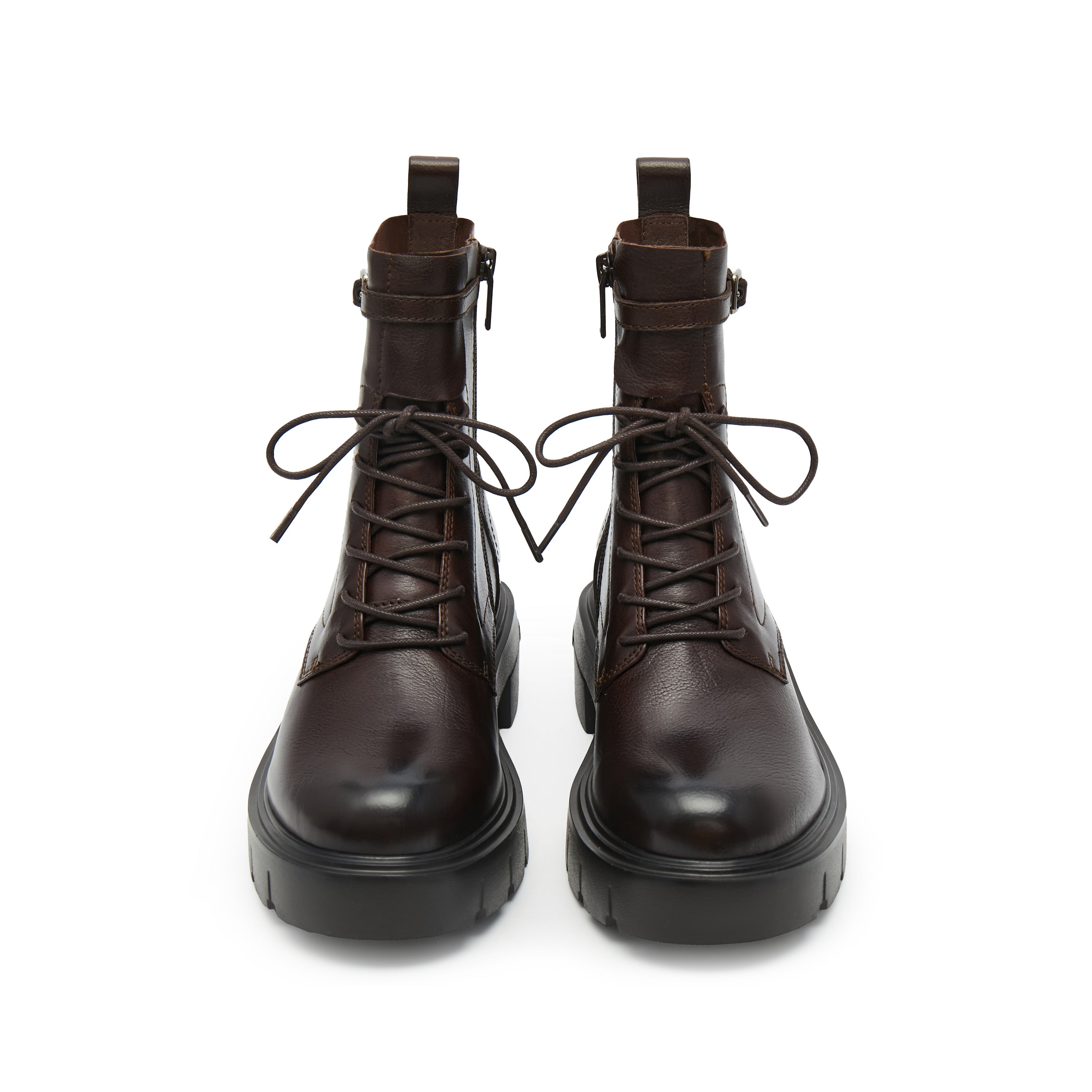 Brown Buckle Strap Lace Up Chunky Combat Boots