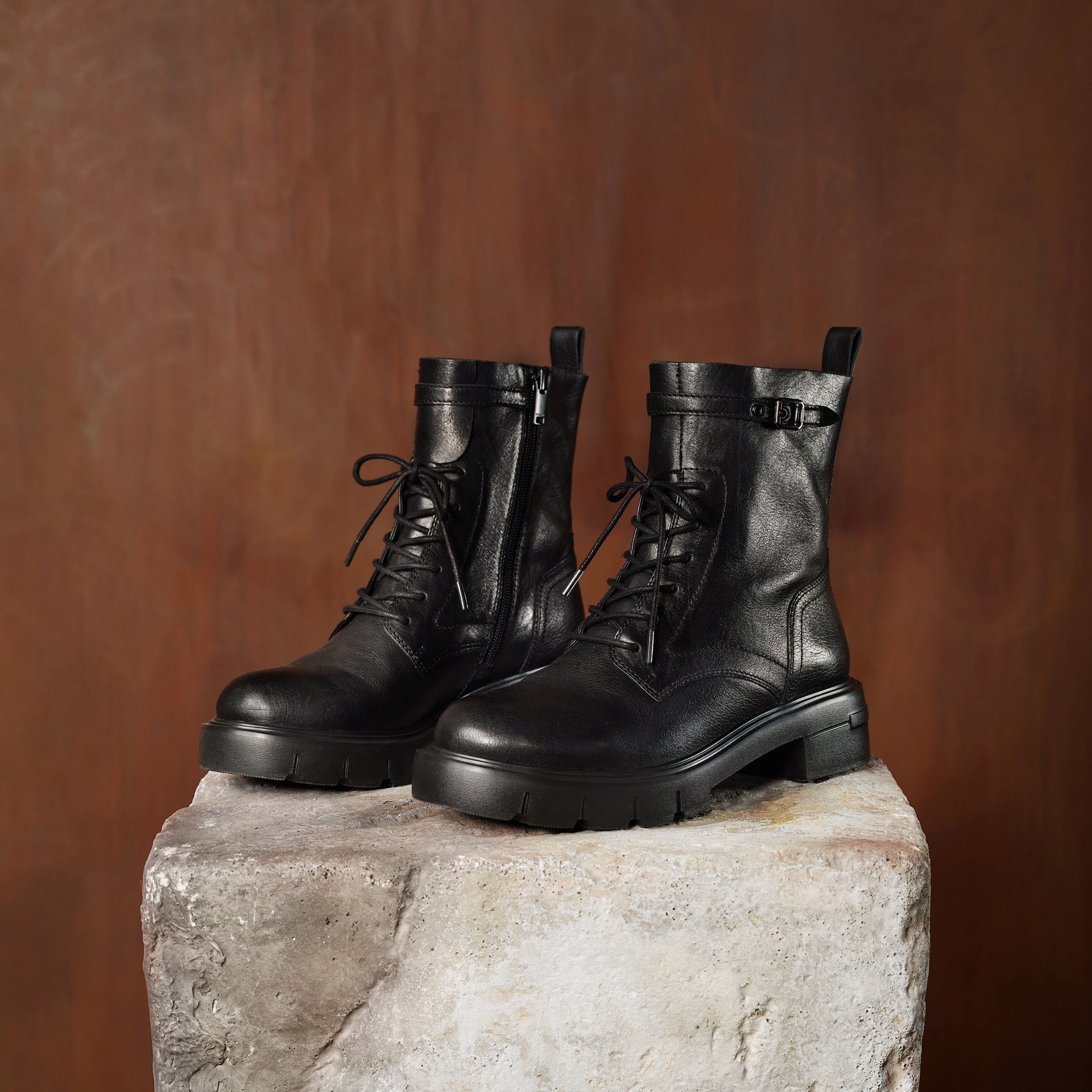 Black Buckle Strap Combat Boots