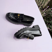 Black ST Golden Cube Buckle Classic Loafers