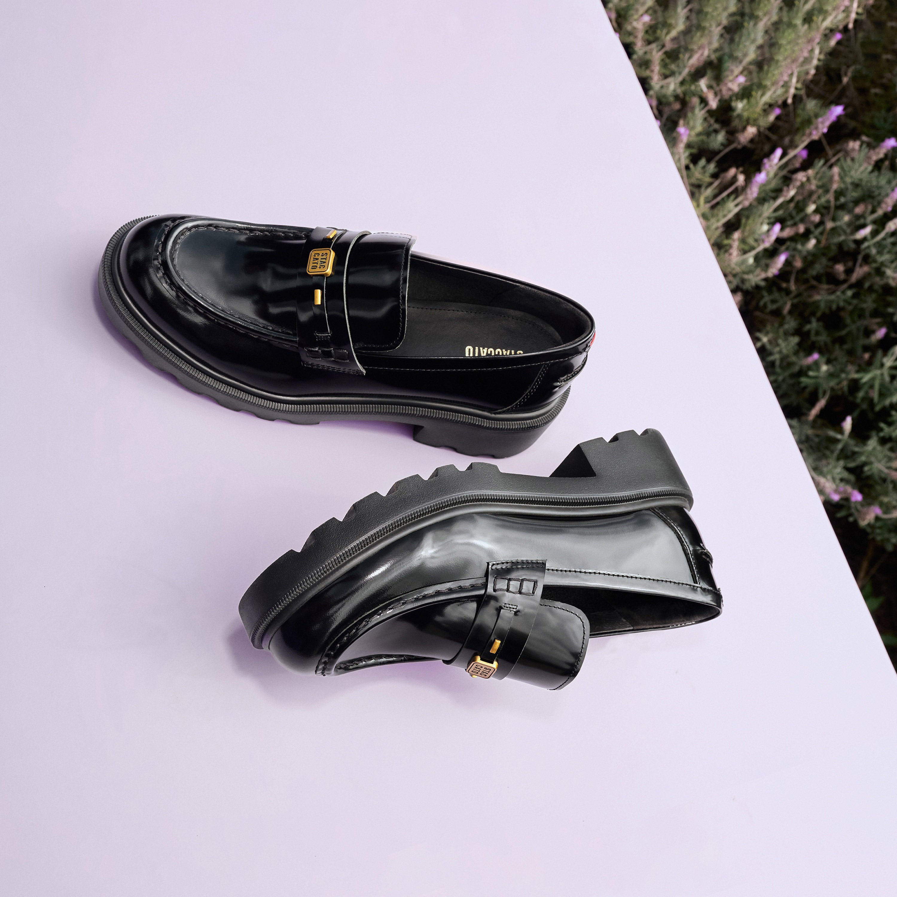 Black ST Golden Cube Buckle Classic Loafers