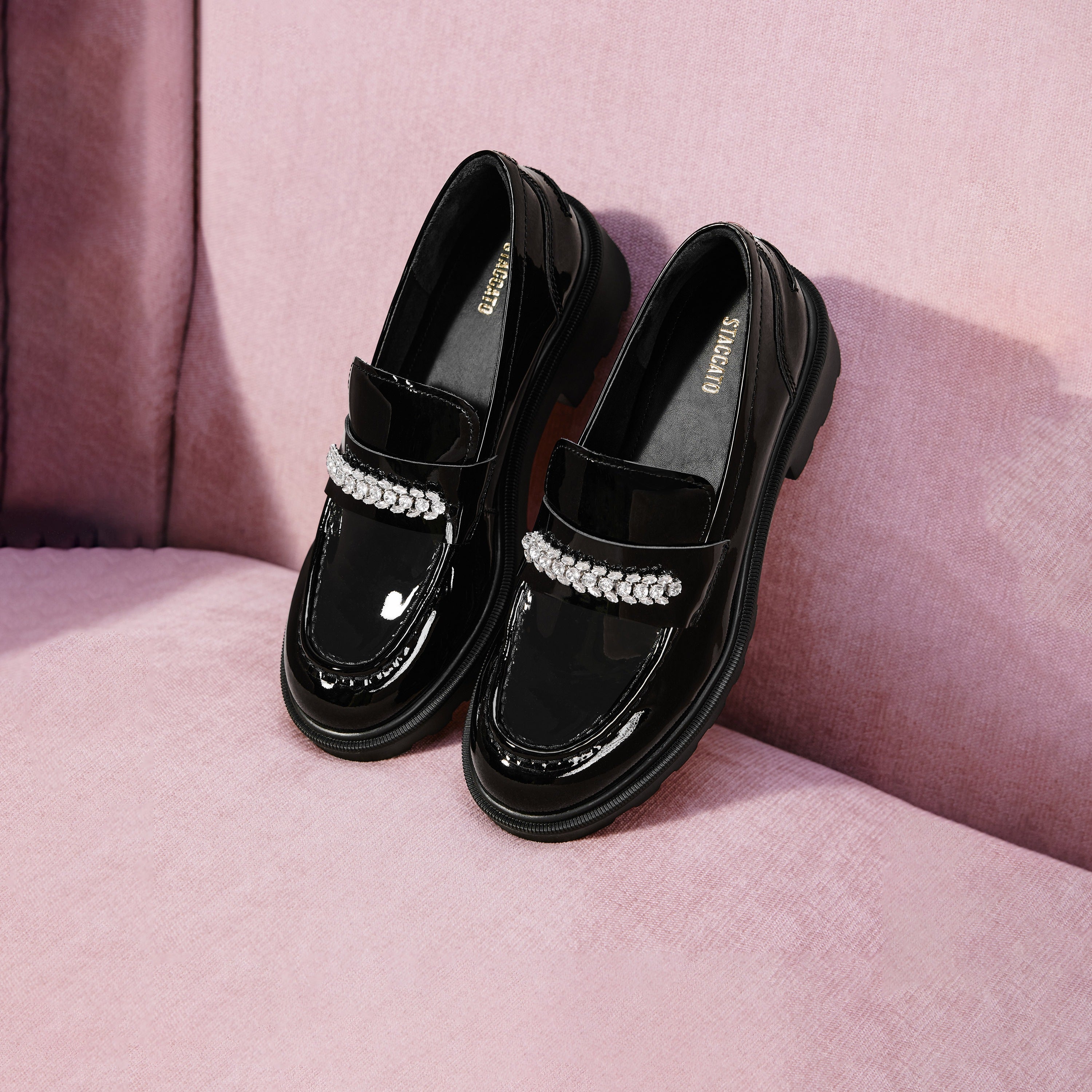 Black ST Golden Strap Buckle Classic Loafers
